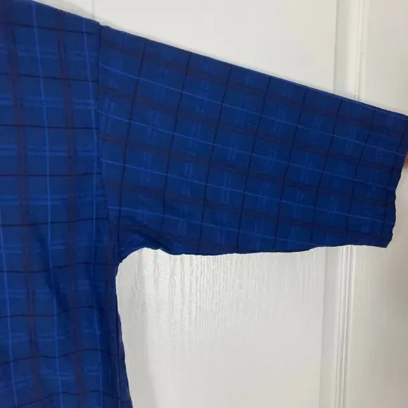 NWOT BLANQUE Top Shirt Tunic One-Size Blue Plaid Button-Up Long-Sleeve Slit-Side